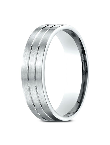 Benchmark 14k White Gold 6.5mm Comfort-Fit Satin-Finished with Parallel Center Cuts Carved Design Band