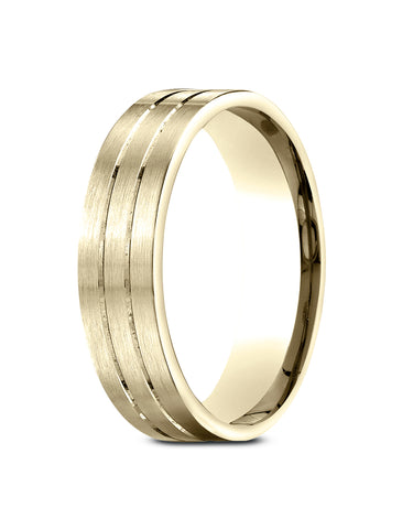 Benchmark 14k Yellow Gold 6.5mm Comfort-Fit Satin-Finished with Parallel Center Cuts Carved Design Band