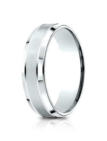 Benchmark 14k White Gold 6.5mm Comfort-Fit Satin-Finished, Polished Beveled Edge Carved Design Band