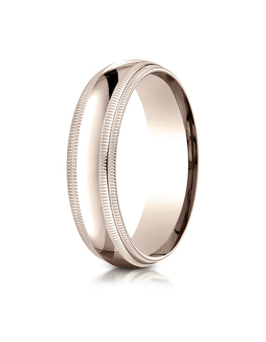 Benchmark 14K Rose Gold 6mm Slightly Domed Standard Comfort-Fit Wedding Band Ring with Double Milgrain