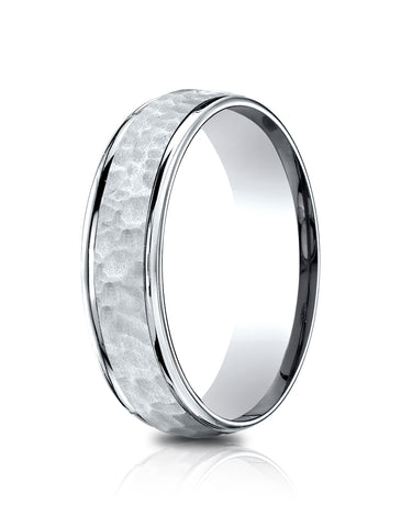 Benchmark 14k White Gold Comfort-Fit 6.5mm High Polish Edge Hammered Center Design Band, (Size 4-14)