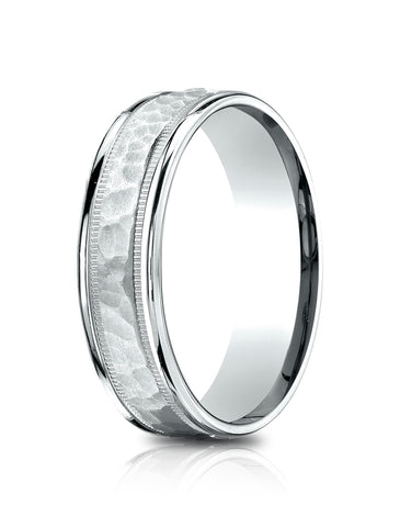 Benchmark 14k White Gold 6.5mm Comfort-Fit Hammered Center High Polish Round Edge Carved Design Band