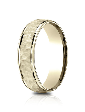 Benchmark 14k Yellow Gold Comfort Fit 6.5mm High Polish Edge Hammered Center Design Band, (Size 4-14)
