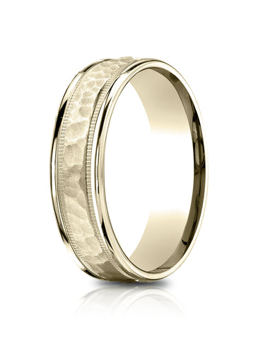 Benchmark 14K yellow Gold 6.5mm Comfort-Fit Hammered Center High Polish Round Edge Carved Design Band