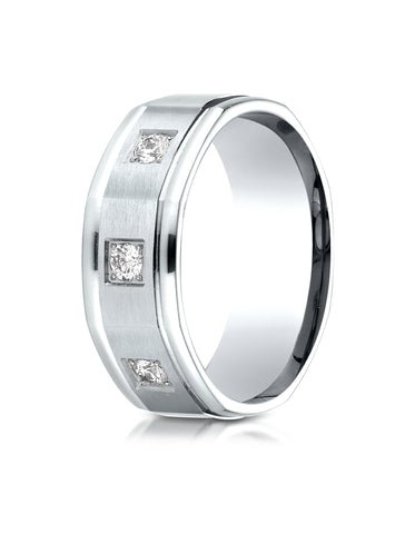 Benchmark 18K White Gold 8mm Comfort-Fit Pave-set 3-Stone Diamond Wedding Band Ring (0.24 ct.)