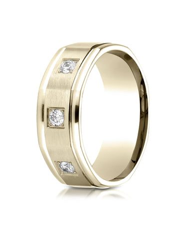Benchmark 18K Yellow Gold 8mm Comfort-Fit Pave-set 3-Stone Diamond Wedding Band Ring (0.24 ct.)