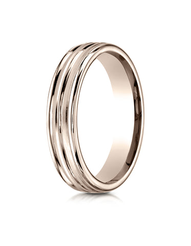 Benchmark 14K Rose Gold 4mm Comfort-Fit with High Polish Center Trim and Round Edge Carved Design Ring