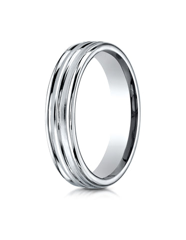 Benchmark 14K White Gold 4mm Comfort-Fit with High Polish Center Trim and Round Edge Carved Design Ring