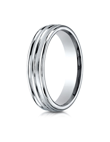 Benchmark 18K White Gold 4mm Comfort-Fit with High Polish Center Trim and Round Edge Carved Design Ring