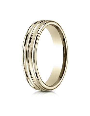 Benchmark 18K Yellow Gold 4mm Comfort-Fit with High Polish Center Trim and Round Edge Carved Design Ring