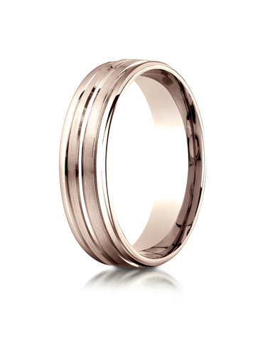 Benchmark 14K Rose Gold 6mm Comfort-Fit with High Polish Center Trim and Round Edge Carved Design Ring
