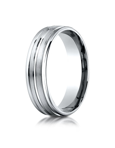 Benchmark 18K White Gold 6mm Comfort-Fit with High Polish Center Trim and Round Edge Carved Design Ring