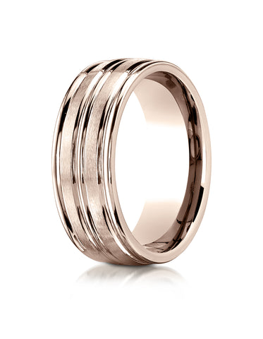 Benchmark 14K Rose Gold 8mm Comfort-Fit with High Polish Center Trim and Round Edge Carved Design Ring