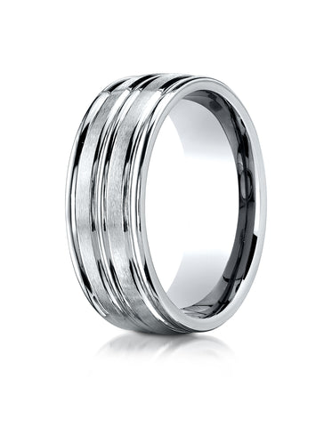Benchmark 14K White Gold 8mm Comfort-Fit with High Polish Center Trim and Round Edge Carved Design Ring