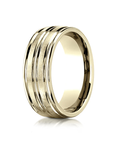 Benchmark 10K Yellow Gold 8mm Comfort-Fit with High Polish Center Trim and Round Edge Carved Design Ring