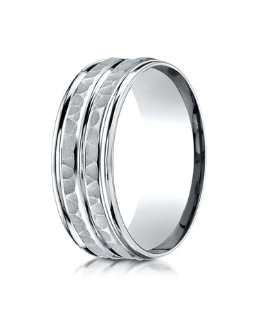 Benchmark Platinum 8mm Comfort-Fit Hammer-Finished High Polished Center Trim and Round Edge Wedding Band