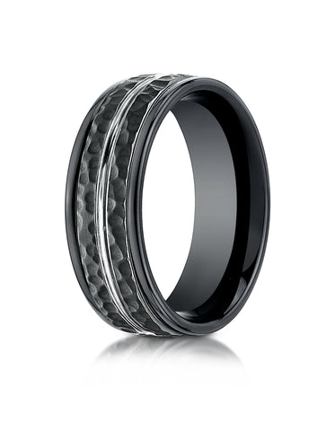 Benchmark Cobaltchrome 8mm Comfort-Fit Wedding Band Ring with Hammered Finish and White Center Cut
