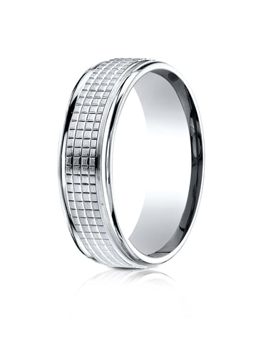Benchmark 10k White Gold 7mm Comfort-Fit High Polish Round Edge Cross Hatch Center Design Band,(Size 4-15)