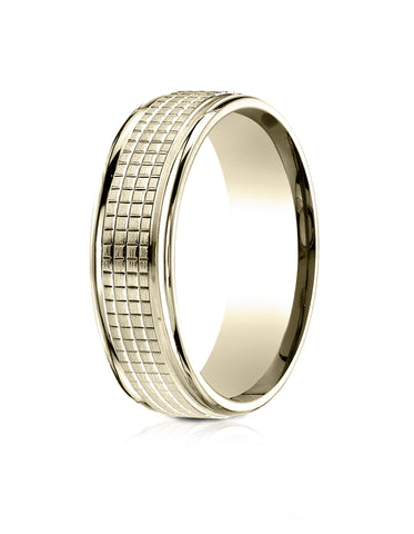Benchmark 10k Yellow Gold 7mm Comfort-Fit High Polish Round Edge Cross Hatch Center Design Band, (4-15)