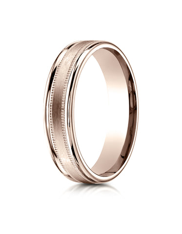 Benchmark 14K Rose Gold 4mm Comfort-Fit Satin Center w/ a Round Edge and Milgrain Carved Design Ring