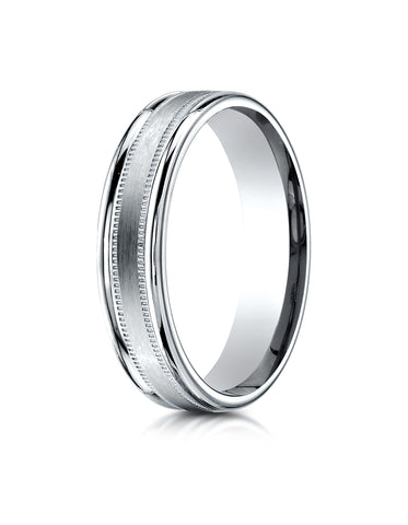 Benchmark 14K White Gold 4mm Comfort-Fit Satin Center w/ a Round Edge and Milgrain Carved Design Ring