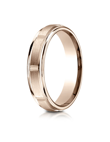 Benchmark 14K Rose Gold 4mm Comfort-Fit Satin-Finish 8 Center Cuts and Round Edge Carved Design Ring