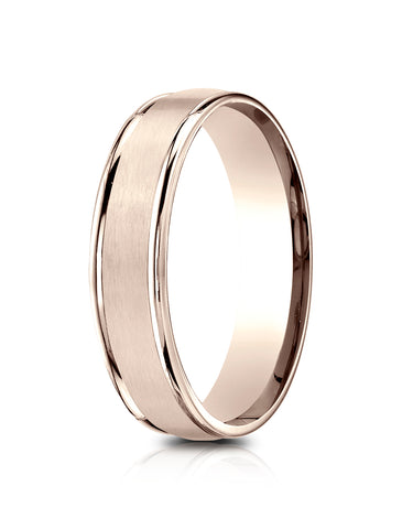 Benchmark 14k Rose Gold 5mm Comfort-Fit Satin Finish, Polished Round Edge Carved Design Band (Size 4-15)
