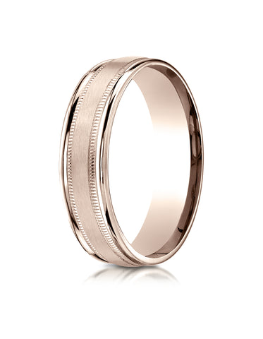 Benchmark 14K Rose Gold 6mm Comfort-Fit Satin Finish Center with Milgrain Round Edge Carved Design Ring
