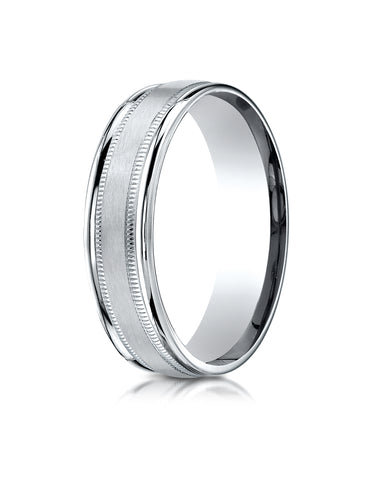 Benchmark 18K White Gold 6mm Comfort-Fit Satin Finish Center with Milgrain Round Edge Carved Design Ring