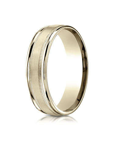 Benchmark 14K Yellow Gold 6mm Comfort-Fit Satin Finish Center w/  Milgrain Round Edge Carved Design Ring