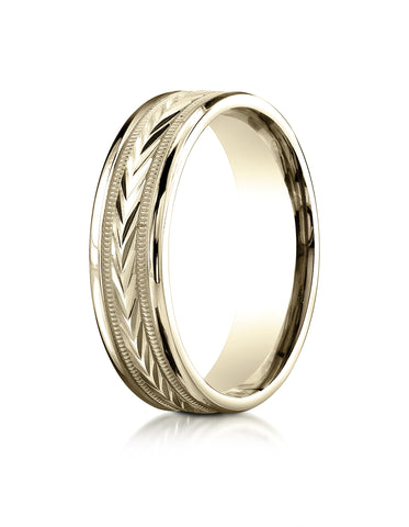 Benchmark 18K Yellow Gold 6mm Comfort-Fit Harvest of Love Round Edge Carved Design Wedding Band Ring