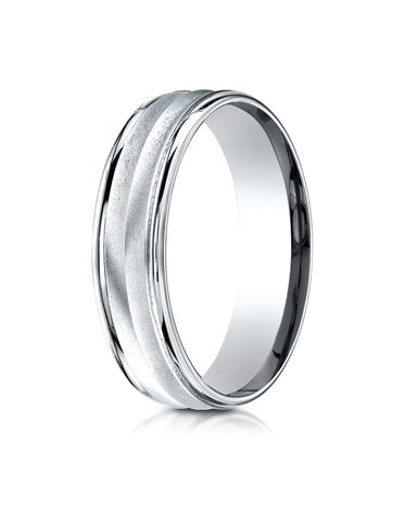Benchmark 10K White Gold 6mm Comfort-Fit Chevron Design with Round Edge Carved Design Wedding Band Ring
