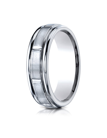 Benchmark 10K White Gold 6mm Comfort-Fit Satin-Finish 8 Center Cuts and Round Edge Carved Design Ring