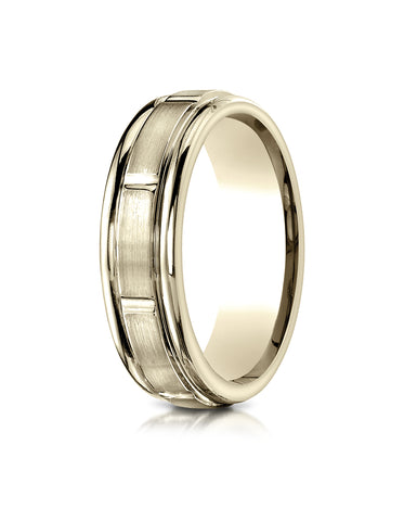 Benchmark 10K Yellow Gold 6mm Comfort-Fit Satin-Finish 8 Center Cuts and Round Edge Carved Design Ring