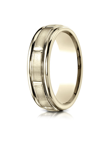 Benchmark 18K Yellow Gold 6mm Comfort-Fit Satin-Finish 8 Center Cuts and Round Edge Carved Design Ring