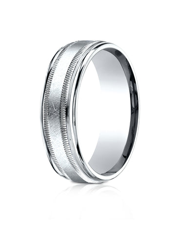 Benchmark 14k White Gold 7mm Comfort-Fit Swirl Finish Center Milgrain Round Edge Carved Design Band (4-15)