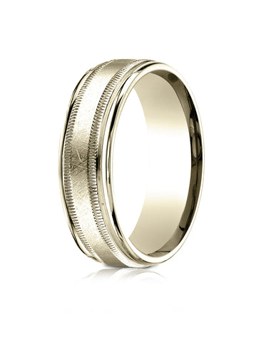 Benchmark 14k Yellow Gold 7mm Comfort-Fit Swirl Finish Center Milgrain Round Edge Carved Design Band