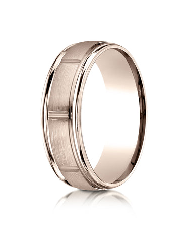 Benchmark 14k Rose Gold 7mm Comfort-Fit Satin-Finish 8 Center Cuts & Round Edge Carved Design Band,(4-15)