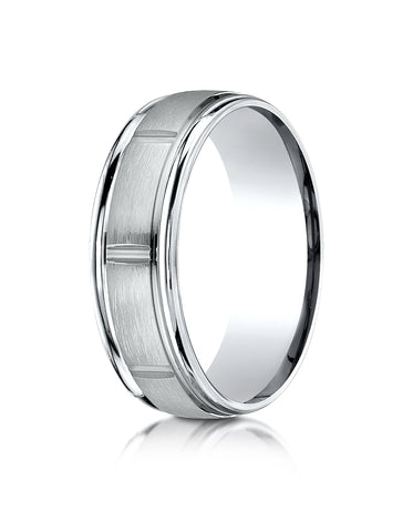 Benchmark Palladium 7mm Comfort-Fit Satin-Finish 8 Center Cuts and Round Edge Carved Design Band, (4-15)