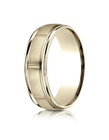 Benchmark 10k Yellow Gold 7mm Comfort-Fit Satin-Finish 8 Center Cuts & Round Edge Carved Design Band