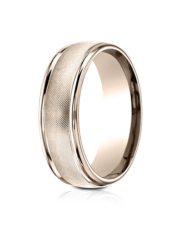 Benchmark 14k Rose Gold 7mm Comfort-Fit Florentine Center High Polish Round Edge Design Band, (4-15)