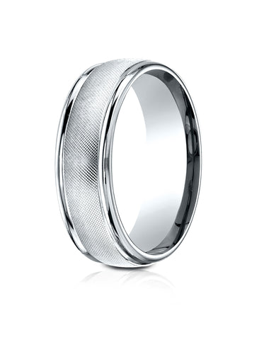 Benchmark 14k White Gold 7mm Comfort-Fit Florentine Center High Polish Round Edge Design Band, (4-15)