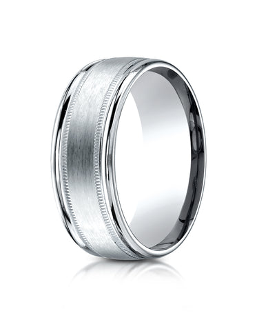Benchmark 18K White Gold 8mm Comfort-Fit Satin Finish Center with Milgrain Round Edge Carved Design Ring