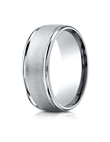 Benchmark 14K White Gold 8mm Comfort-Fit Wire Brush Finish with Round Edge Carved Design Wedding Band