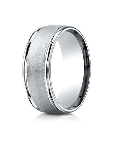 Benchmark Platinum 8mm Comfort-Fit Wire Brush Finish High Polished Round Edge Carved Design Wedding Band