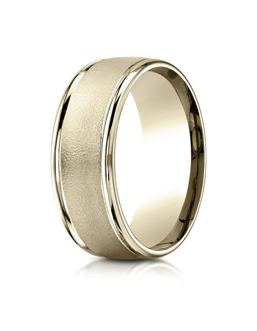 Benchmark 10K Yellow Gold 8mm Comfort-Fit Wire Brush Finish with Round Edge Carved Design Wedding Band