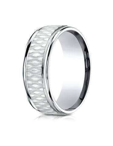 Benchmark 14K White Gold 8mm Comfort-Fit Round Edge Patterned Design Wedding Band Ring (Sizes 4 - 15 )