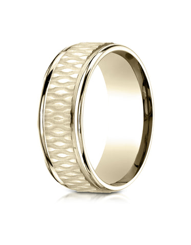 Benchmark 18K Yellow Gold 8mm Comfort-Fit Round Edge Patterned Design Wedding Band Ring (Sizes 4 - 15 )