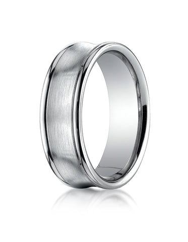 Benchmark 14K White Gold 7.5mm Comfort-Fit Satin-Finished Concave Round Edge Carved Design Wedding Band