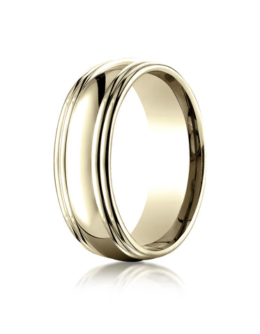 Benchmark 18K Yellow Gold 7.5mm Comfort-Fit High Polished Double Round Edge Carved Design Wedding Band